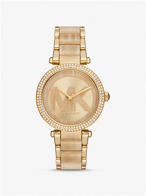 michael kors womens parker watch goldtone tortoise|Parker Pavé Gold.